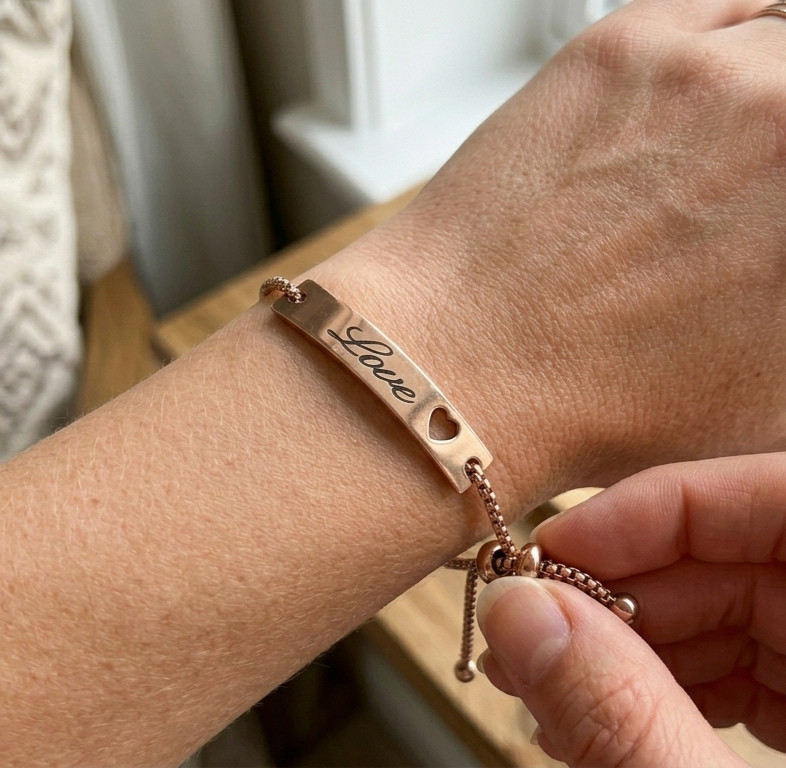Rose Gold Plated Stainless Steel Adjustable LOVE Engraved Cutout Heart Bracelet