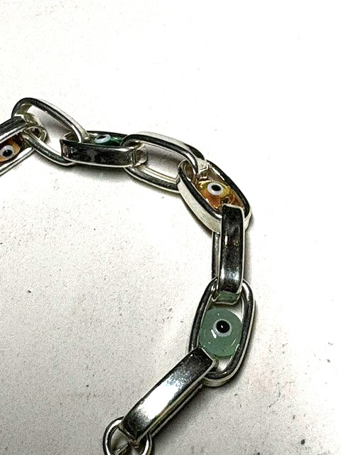 925 Sterling Silver and Articulated Evil Eye Art Glass Link Bracelet