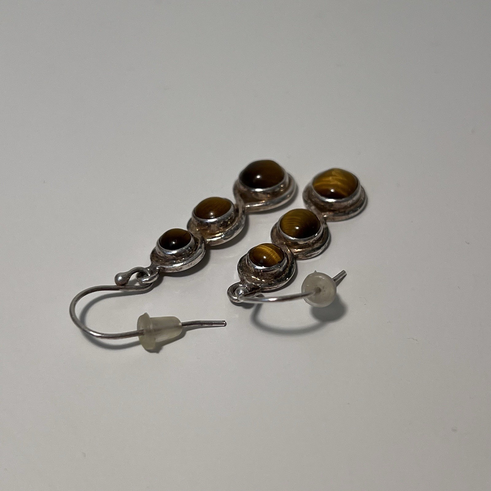 Vintage Sterling Silver TIGER’S EYE 3-Stone Dangle Earrings 1.125”