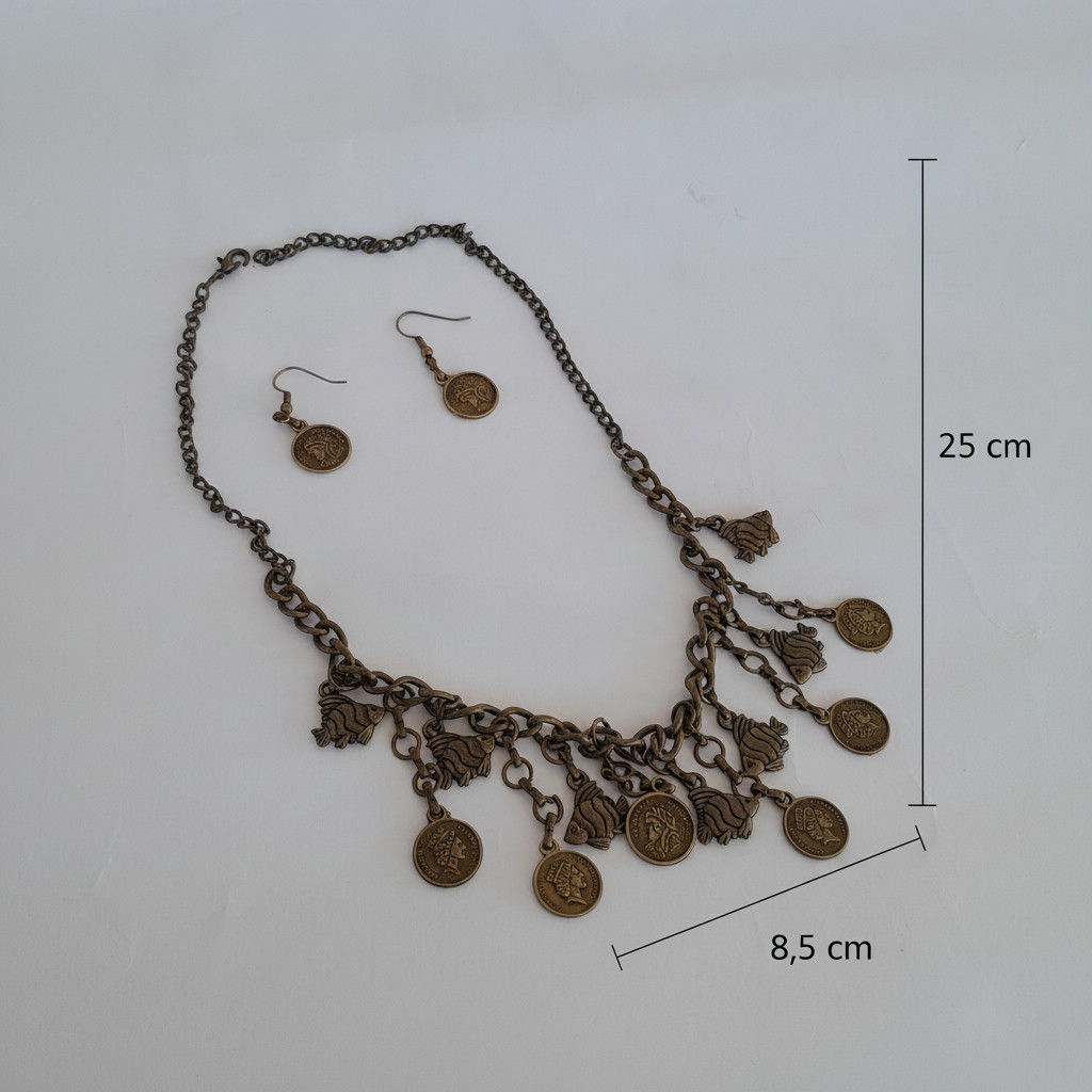 Vintage Boho Necklace & Dangle Earrings Set Unique Bronze Tone Lion Head Coin