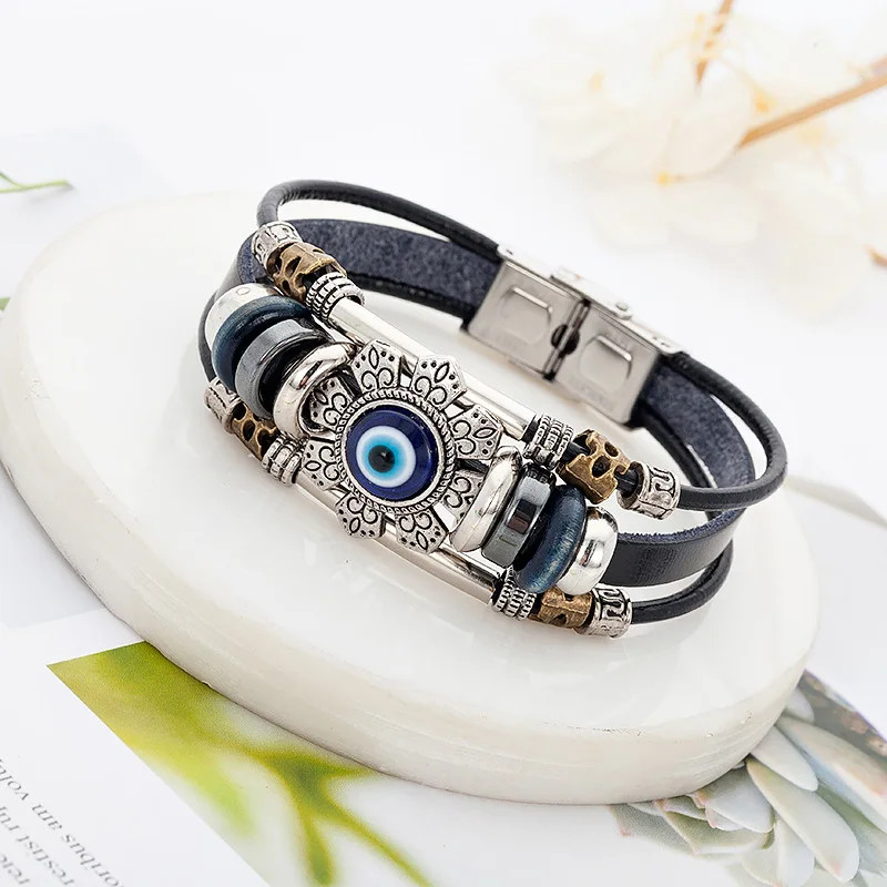 Punk Turkish Evil Eye Stainless Steel Bend Multilayer Leather Bracelet Man Woman