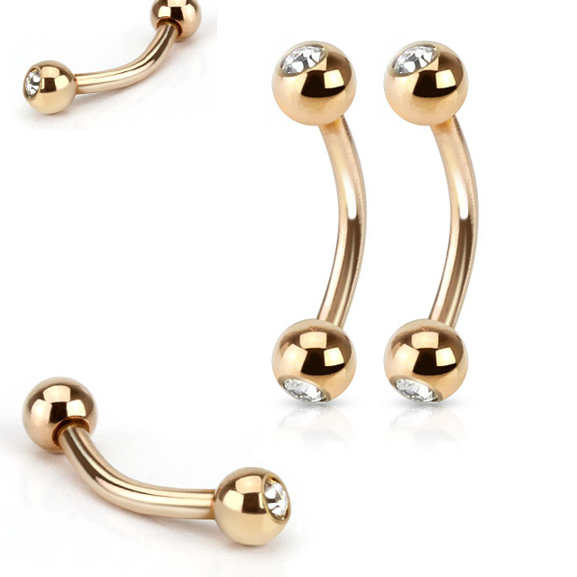 Pair Rose Gold Ion Plated Gem Surgical Steel Curve Bar Lip Piercing Eyebrow Ring