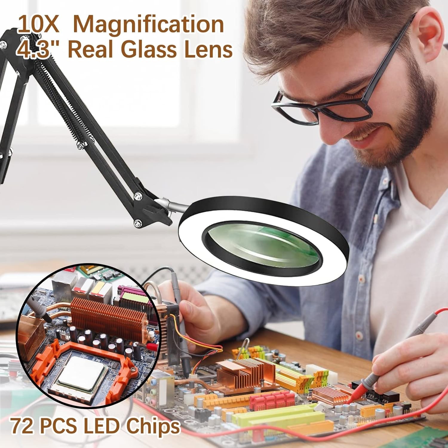 10X Magnifying Glass with Light – 72 LED Adjustable Clamp Lamp for Crafting