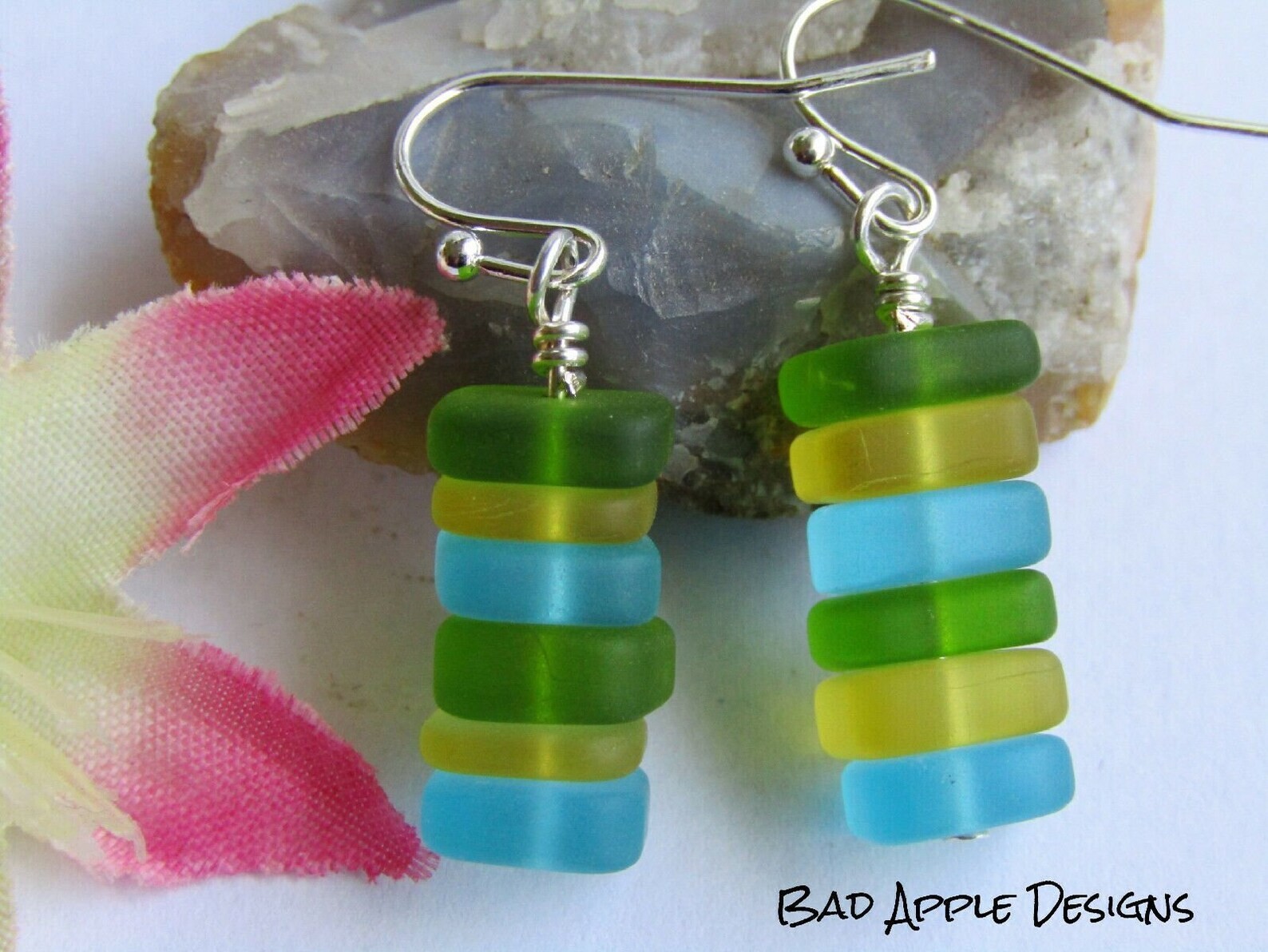 Stacked Green, Yellow, & Blue Sea Glass Pebble Earrings, Gift For Her, Ocean