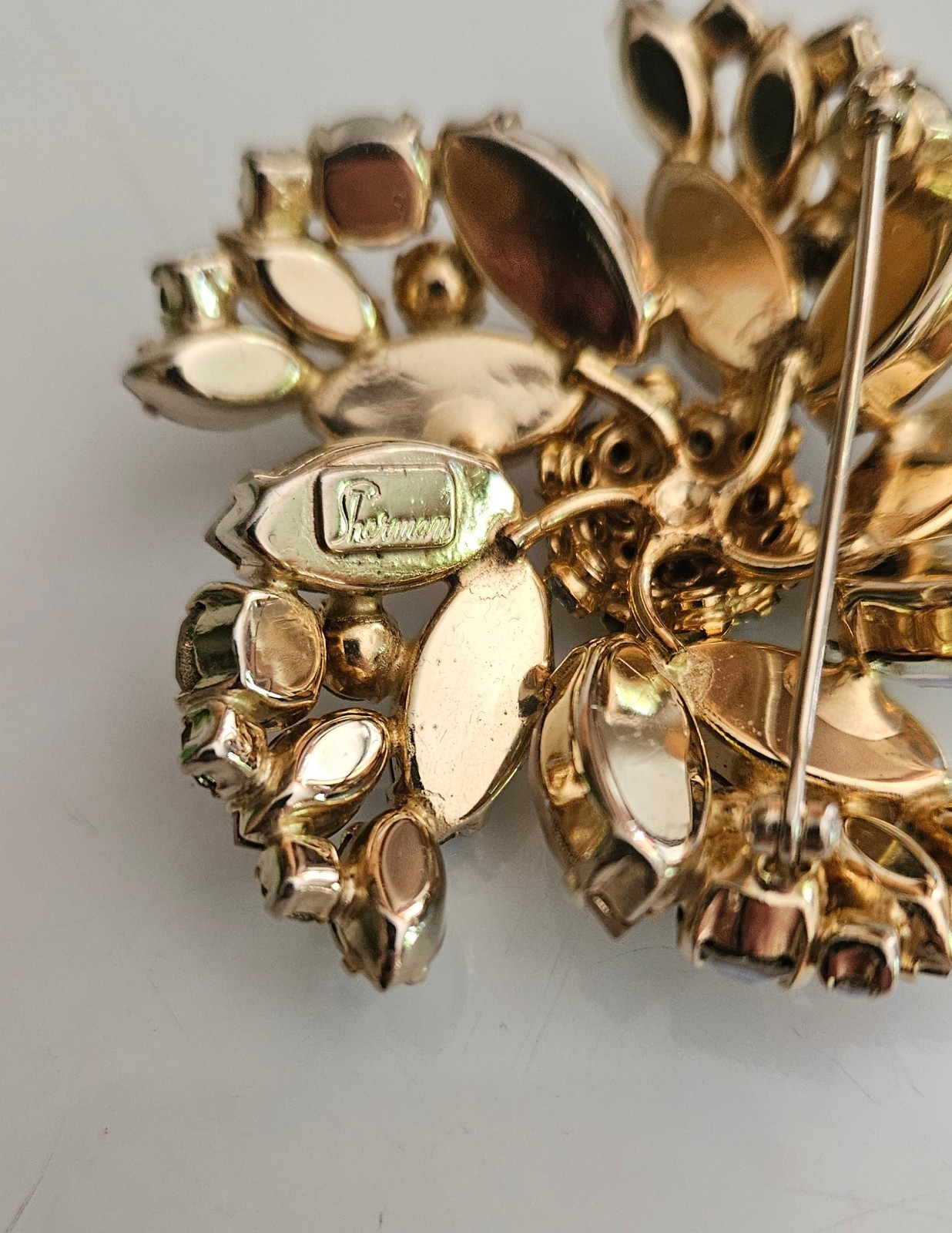Sherman Aurora Borealis crystal 2″ Brooch signed vintage