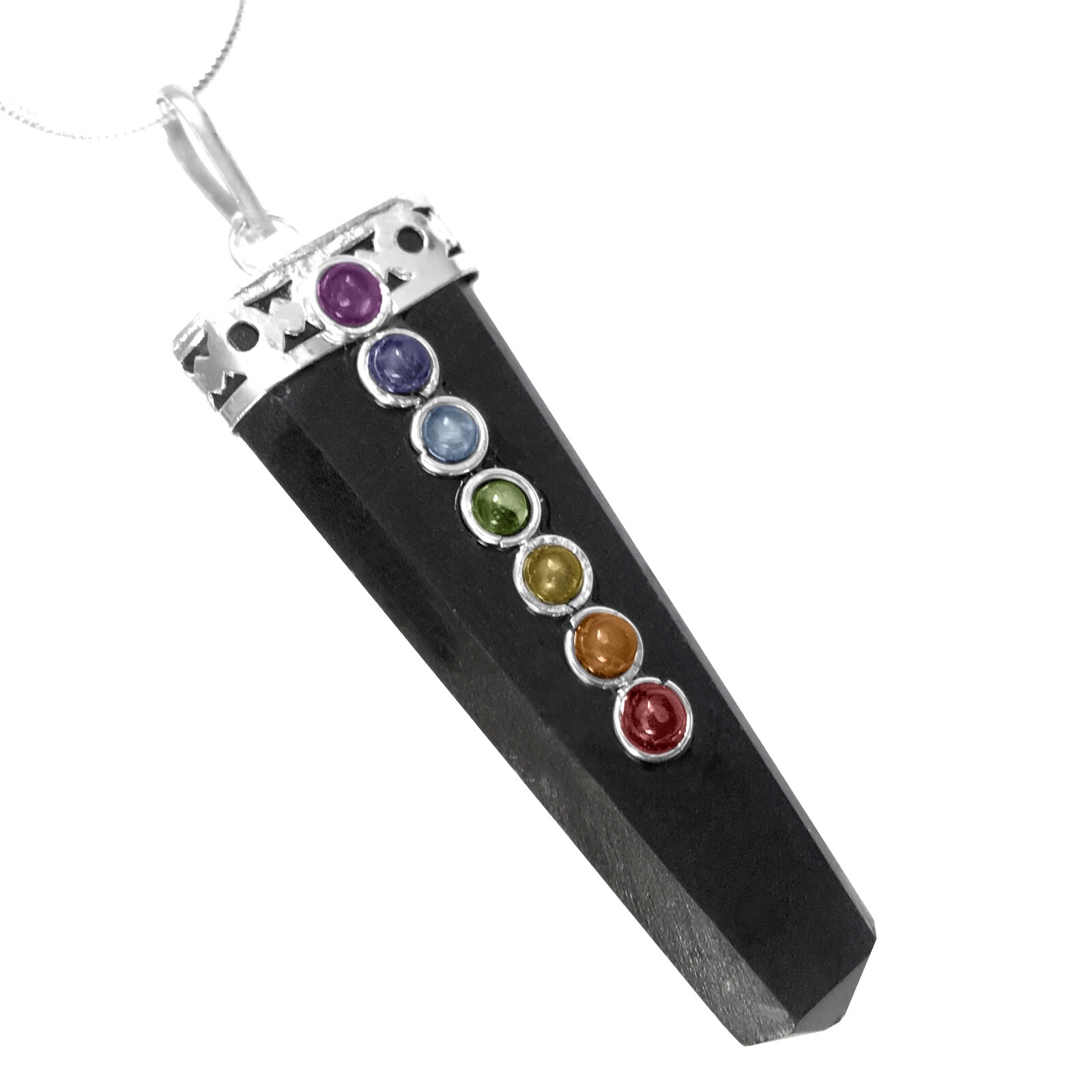 Obsidian 7 Chakra Pendant Silver Crystal Gemstone Necklace Reiki Healing CHARGED