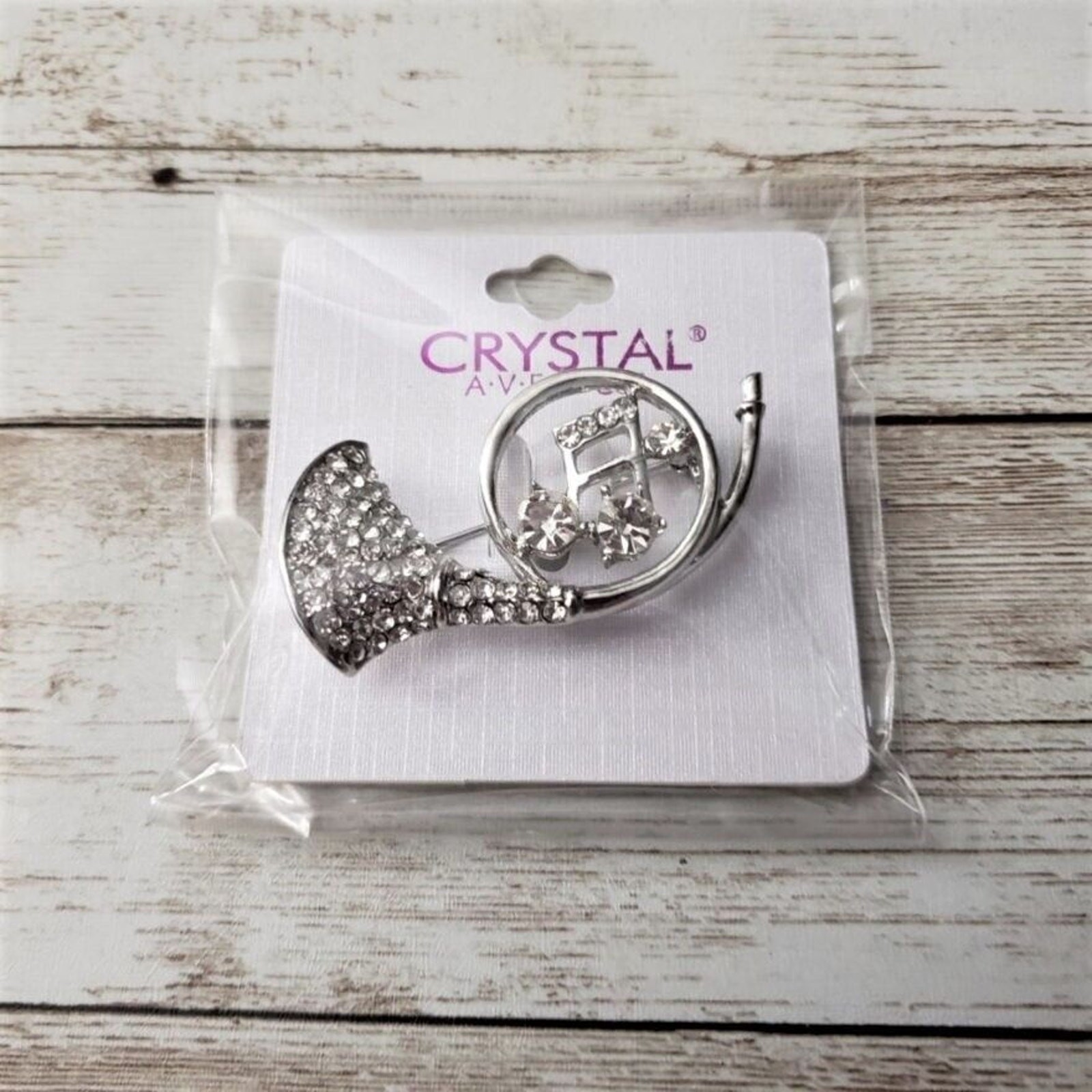 Crystal Avenue Brooch / Pin Silver Tone & Clear Gem Horn