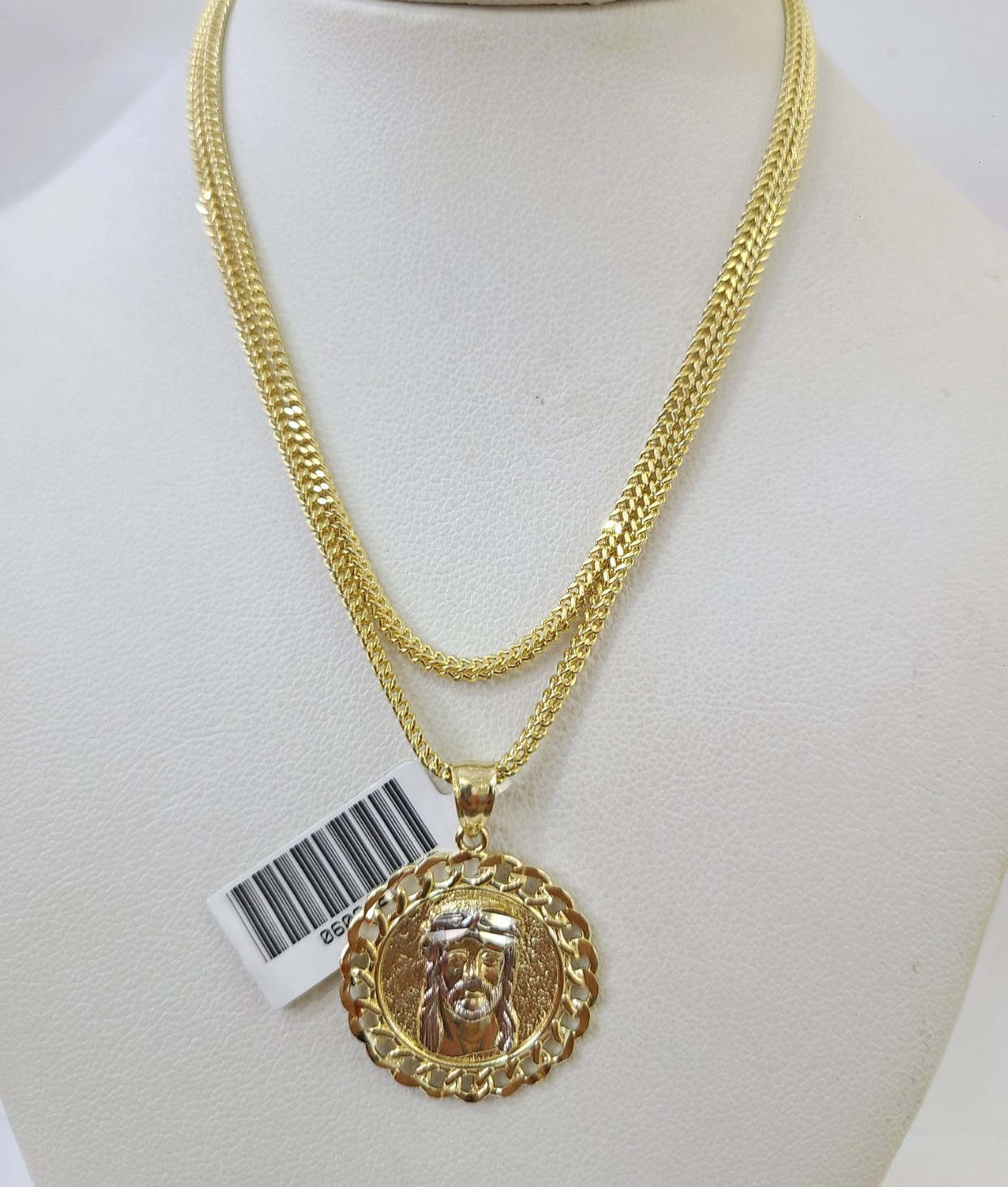 Real 10k Yellow Gold Franco Chain Jesus Head Pendant Charm 2mm Necklace