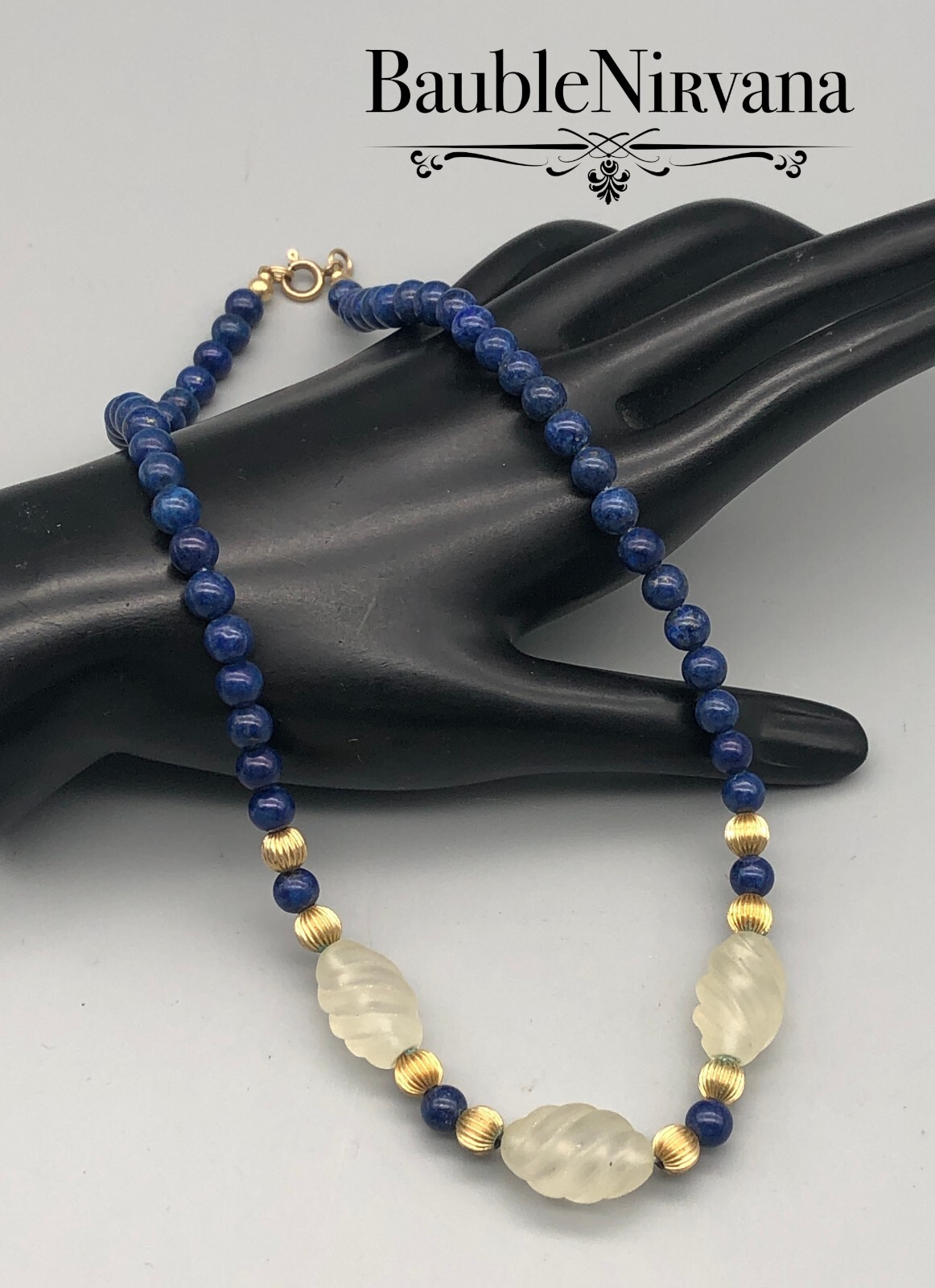 Vintage Lapis Lazuli Blue Swirl Frosted Crystal& Goldtone Beads Elegant Necklace