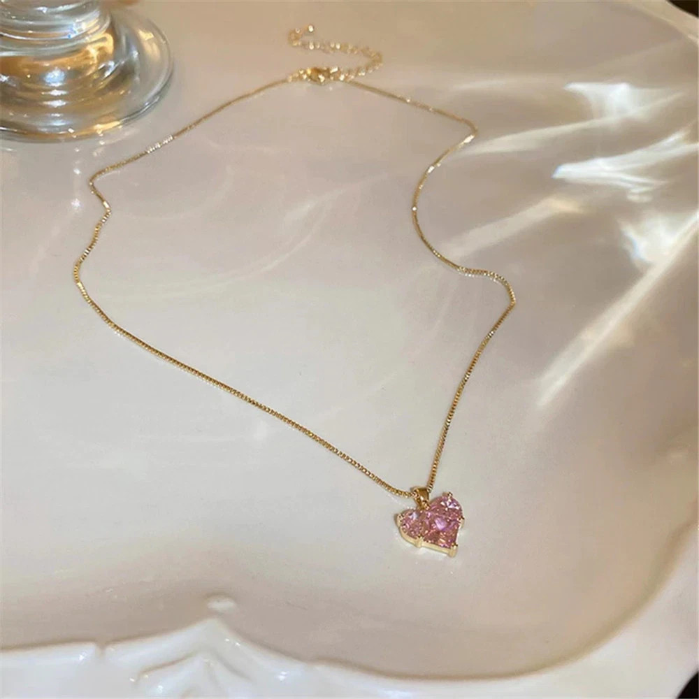 Women’s Fashion Jewelry Gold Pink Rhinestone Heart Pendant Necklace Gift Her USA
