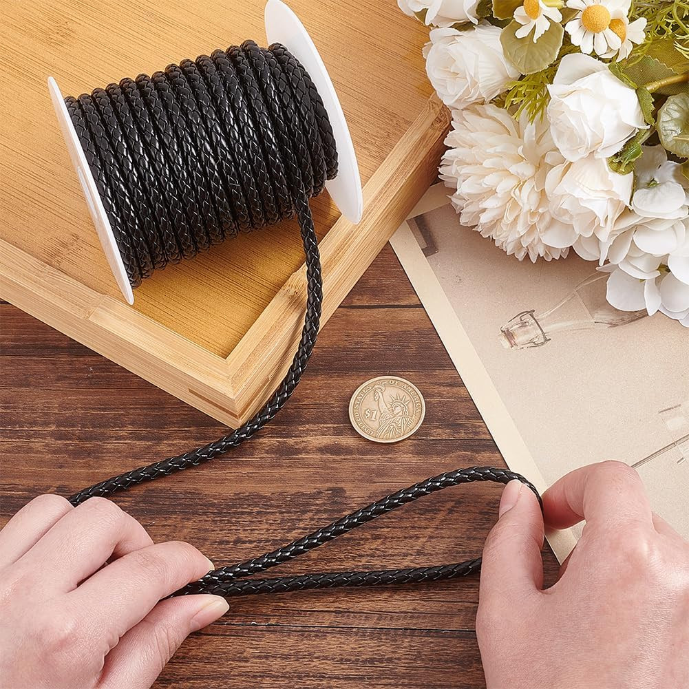 10.9 Yards Braided Leather Cord 5Mm round PU Leather Strap Black Leather String
