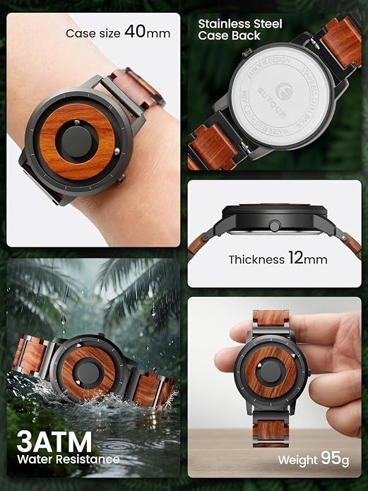 40mm Wooden Open Dial Analog Quartz Mens Watch with 3ATM and 20mm
