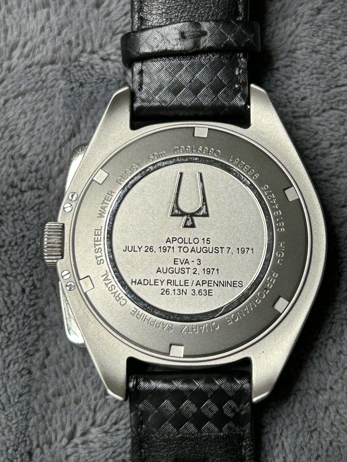 Bulova Lunar Pilot Quartz Chronograph Black Dial Date Leather Strap 50m Box
