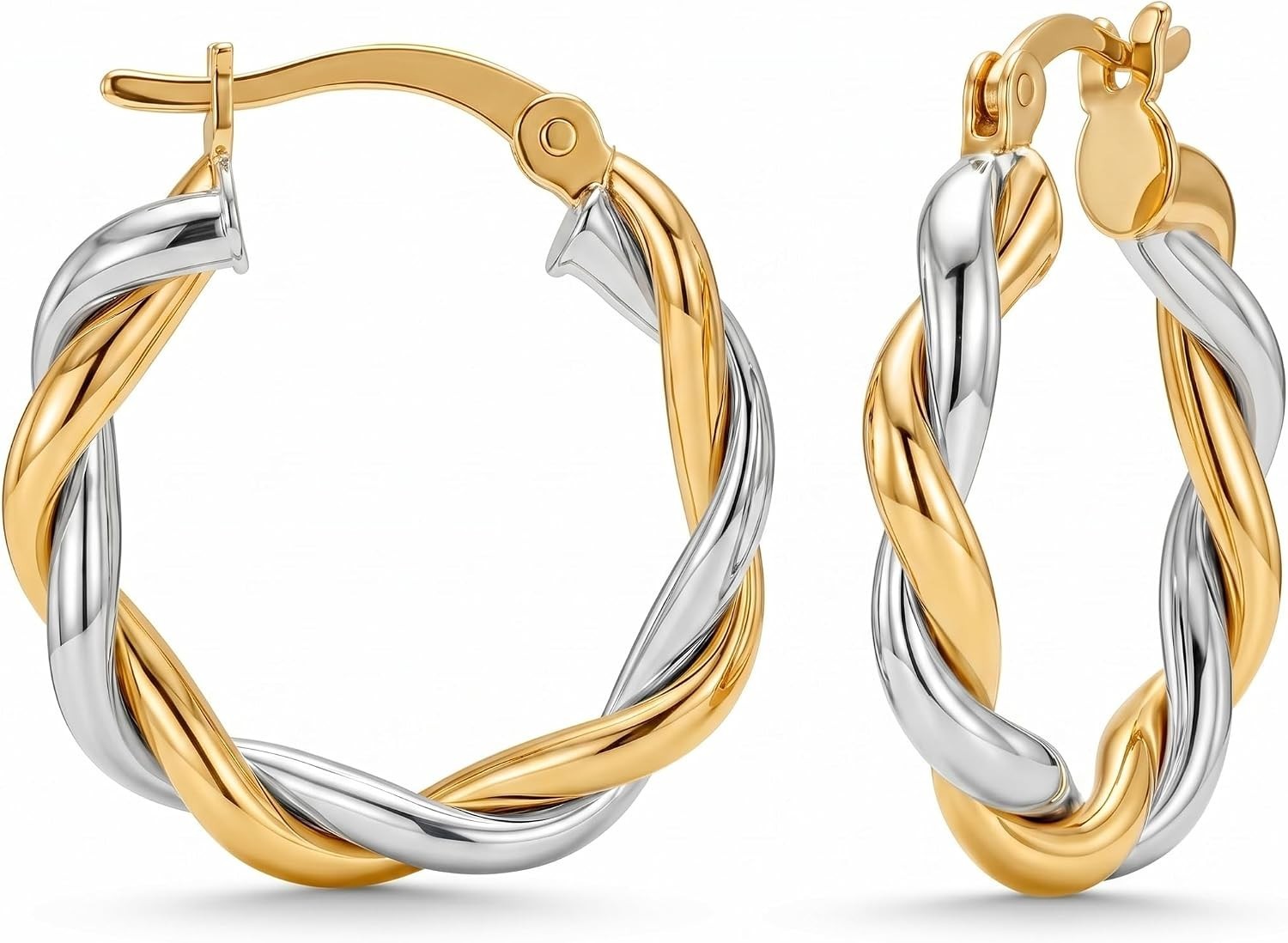 925 Sterling Silver Textured Two-Tone Hoop Earrings 20mm Click-Top Closure