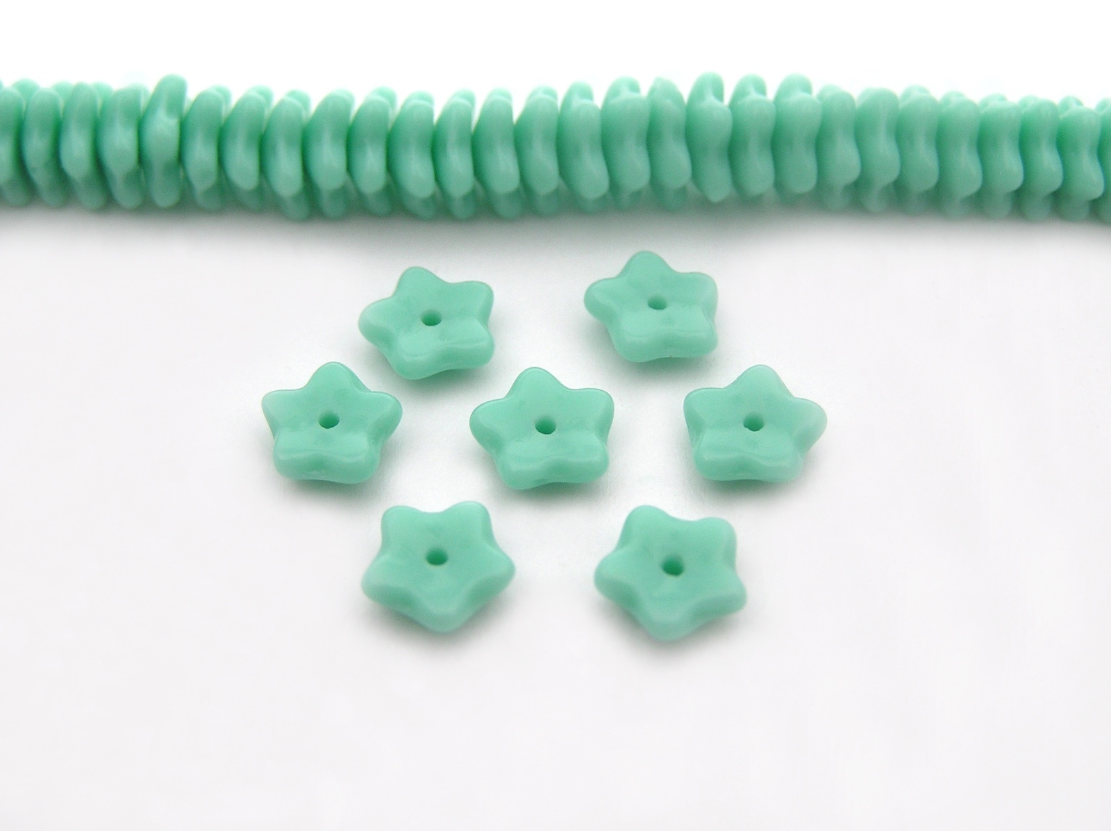 192 Czech glass flat flower star bead cups 7x3mm Opaque Green, 16 inch strand