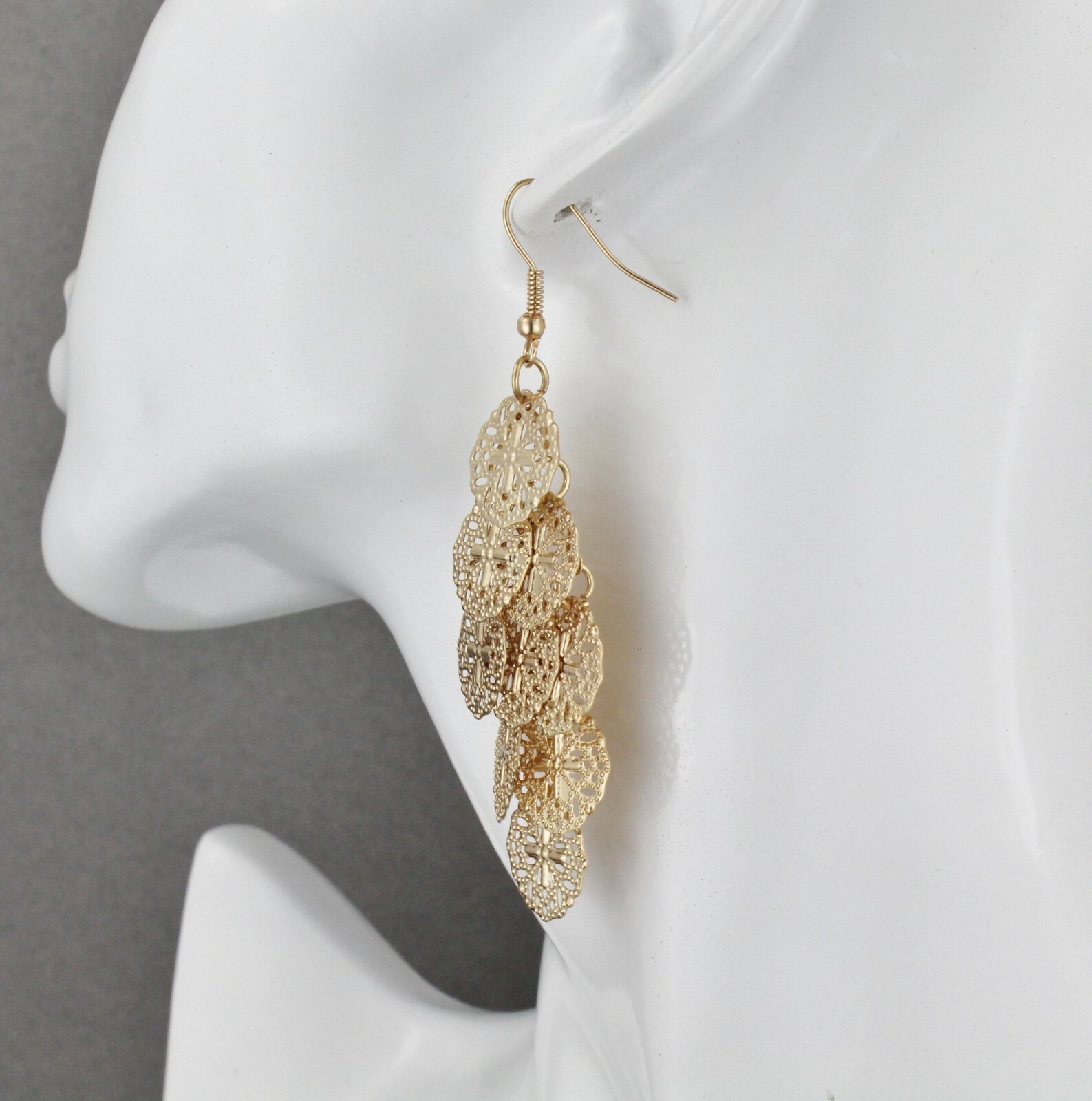 Gold chandelier earrings filigree dangle pendant wiggly 3″ long lightweight