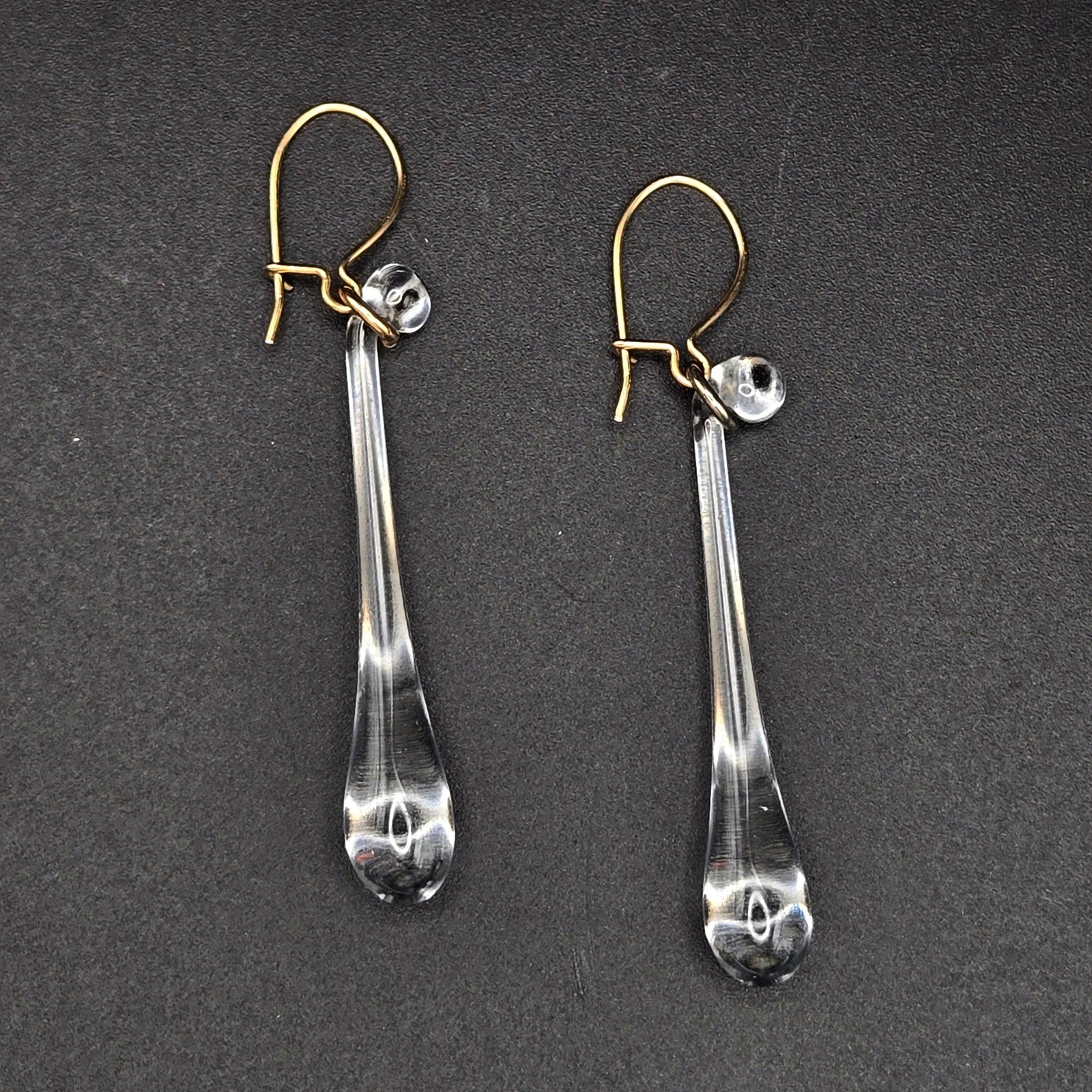 Clear Glass Teardrop Dangle Earrings Gold Tone Kidney Wire Hooks Long Drop