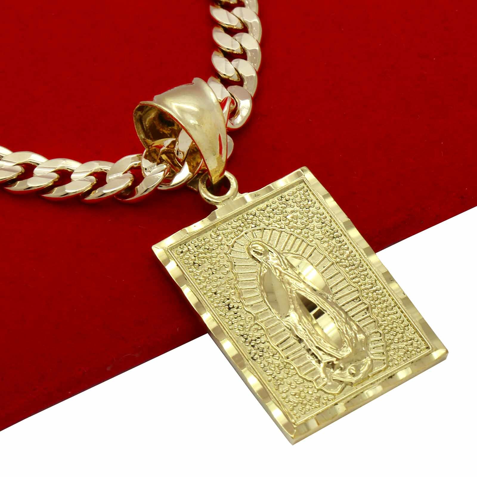 Mens 18k Gold Plated Brass Guadalupe Pendant 6mm 24″ Cuban Chain (L)