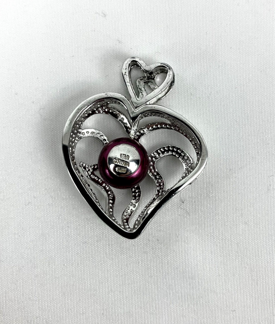 925 Sterling Silver Burgundy Faux Pearl Ornate Heart Pendant