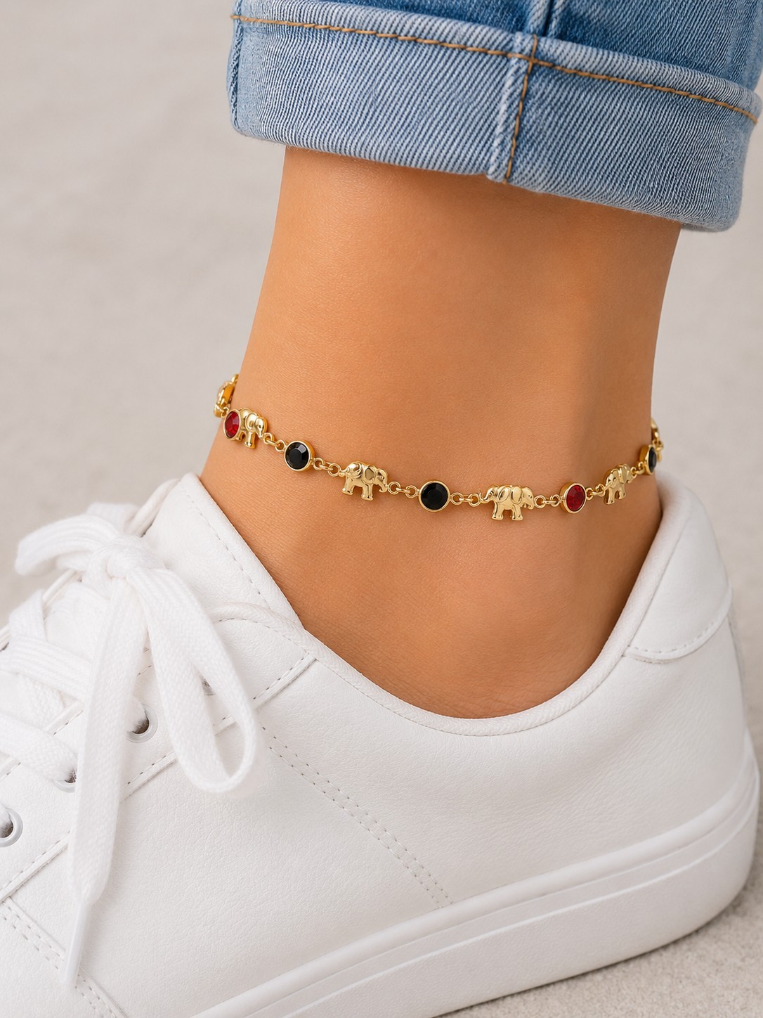 Brazilian 14K Gold Filled Elephant Anklet 10 Inch Red Black Crystal Charm…