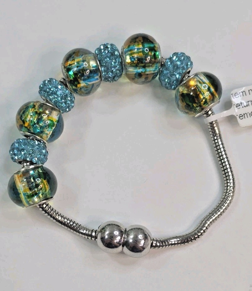 Silver Tone Snake Chain Magnetic Clasp Beaded European Charm Bracelet Blue 8in