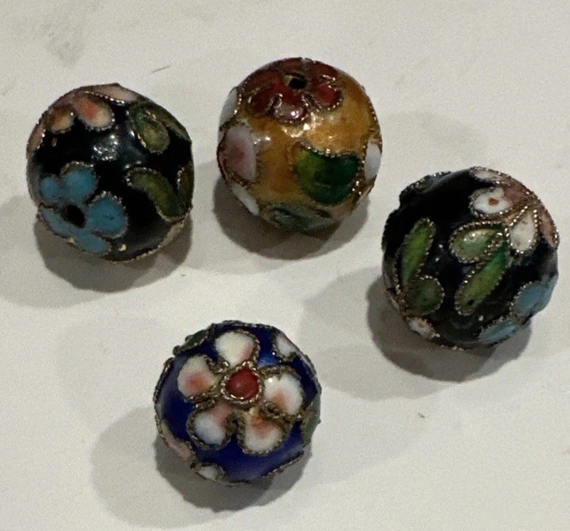 VTG Enamel Cloisonne Bead Lot Of 4 20mm & 10mm Approx. Floral Colorful Beads SEE