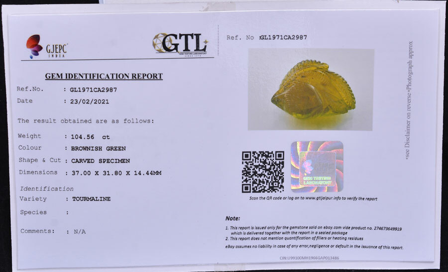 104.56 Cts Natural Tourmaline Carved Unheated Magnificent Huge GTL Certified Gem