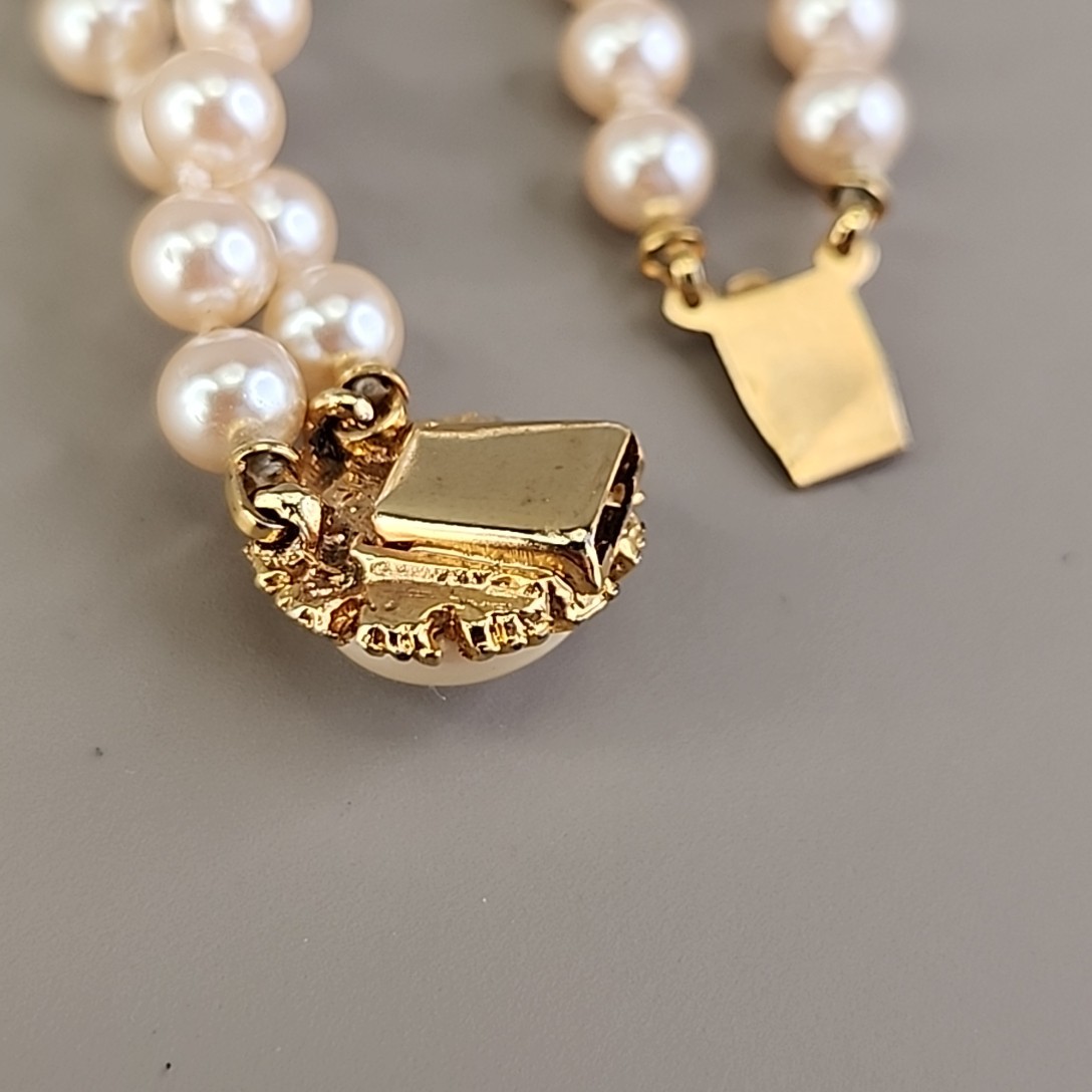 Vintage Faux Pearl Beaded Bracelet Two Strand Cream Knotted Push Lock 7″