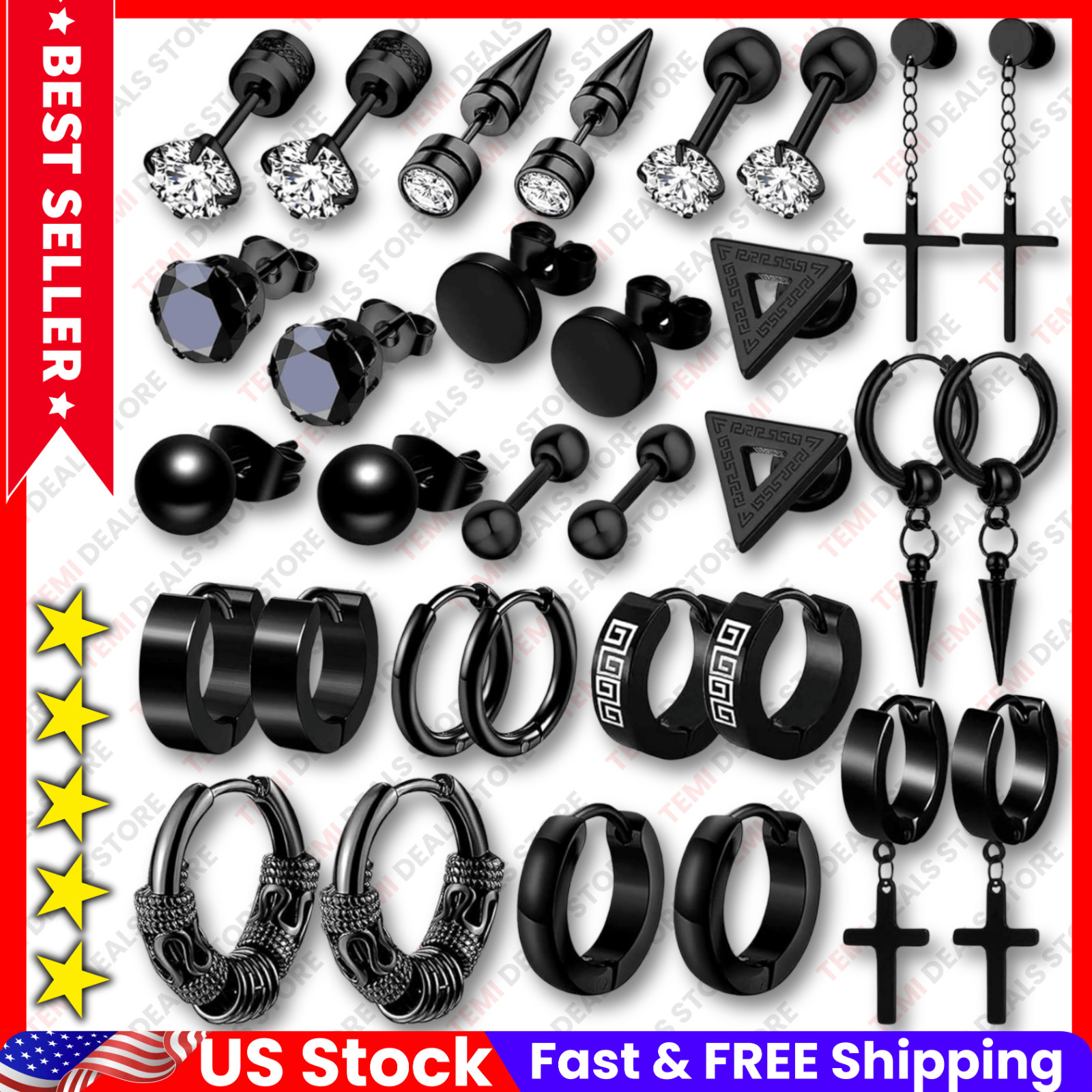 16 Pairs Earrings for Men, Stainless Steel Earrings Stud Kit for Men Women Fashi