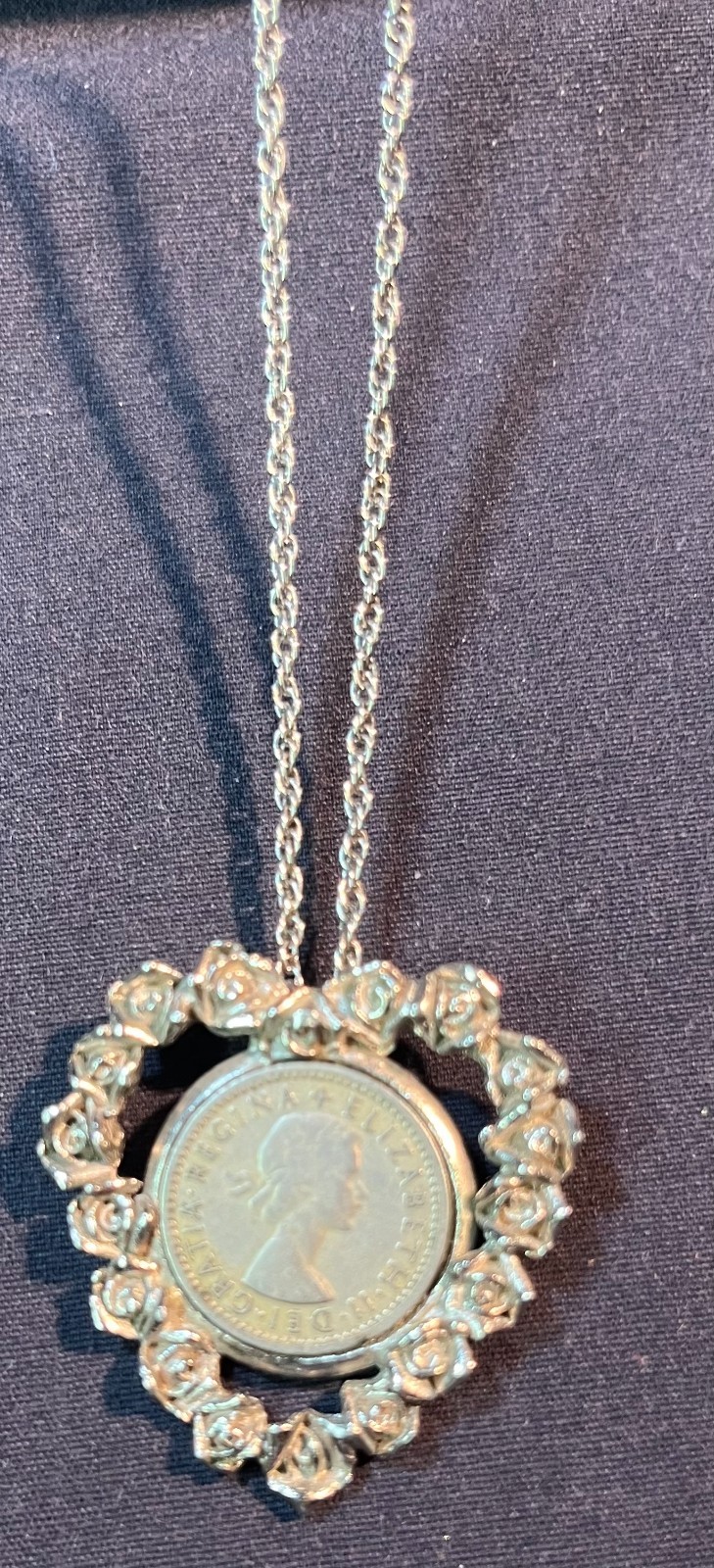 Vintage British Coin Pendant Necklace Queen Elizabeth II 18” 1967