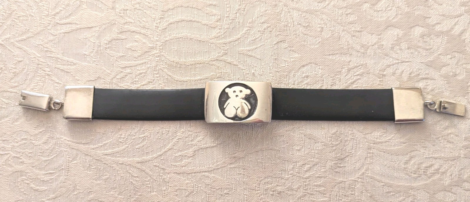 TOUS Sterling Silver 925 Bear Black Rubber Bracelet J. Comes Clasp