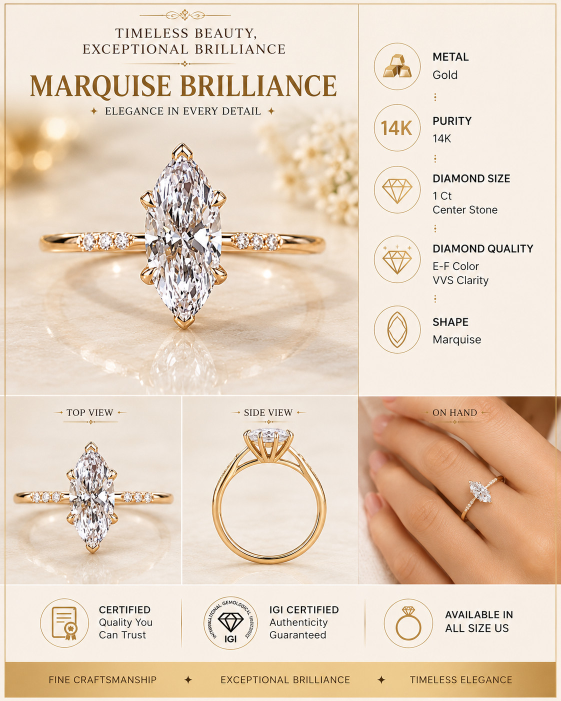 IGI Certified Lab Grown Diamond Engagement 14 K Gold Ring Gift For Her 1Ct F VVS
