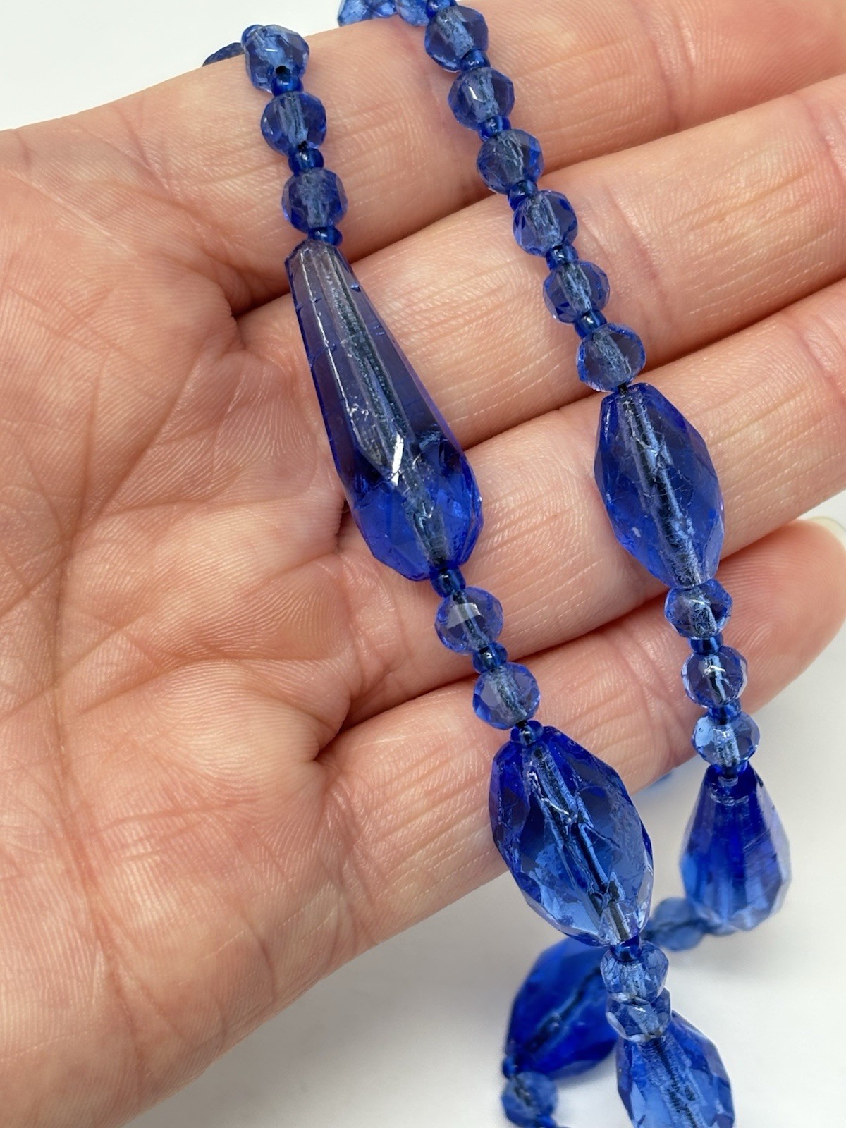 Antique Art Deco Blue Glass Bead Necklace Sautoir Flapper Teardrop 30″