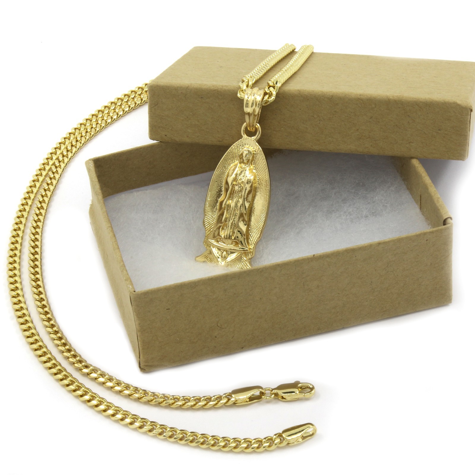 Men’s 14k Gold Plated Small Virgin Mary Pendant Hip-Hop 30″ 3mm Cuban Chain