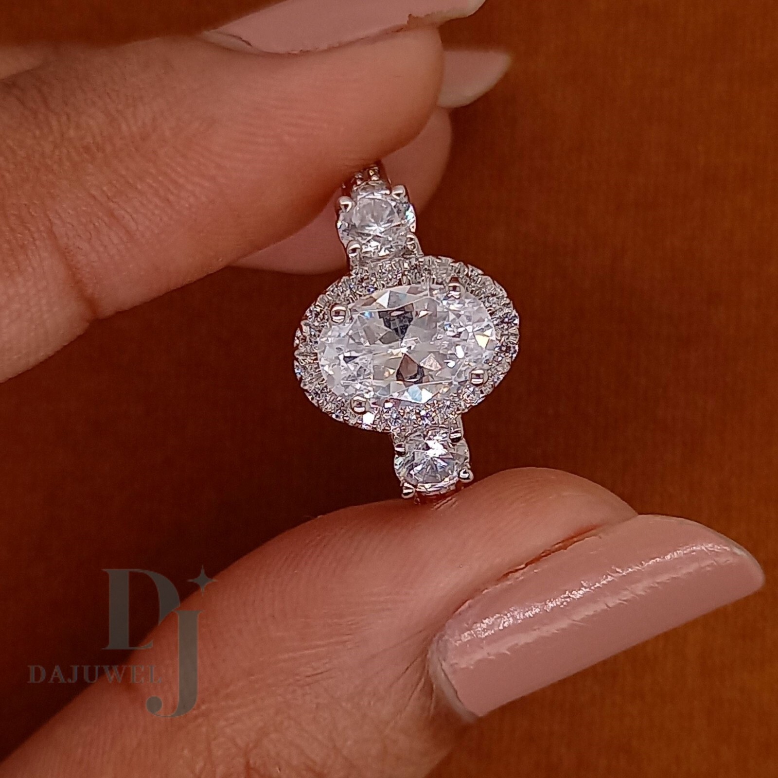 Moissanite Halo Engagement Ring Solid 14K White Gold 3 Carat Oval Cut VVS1