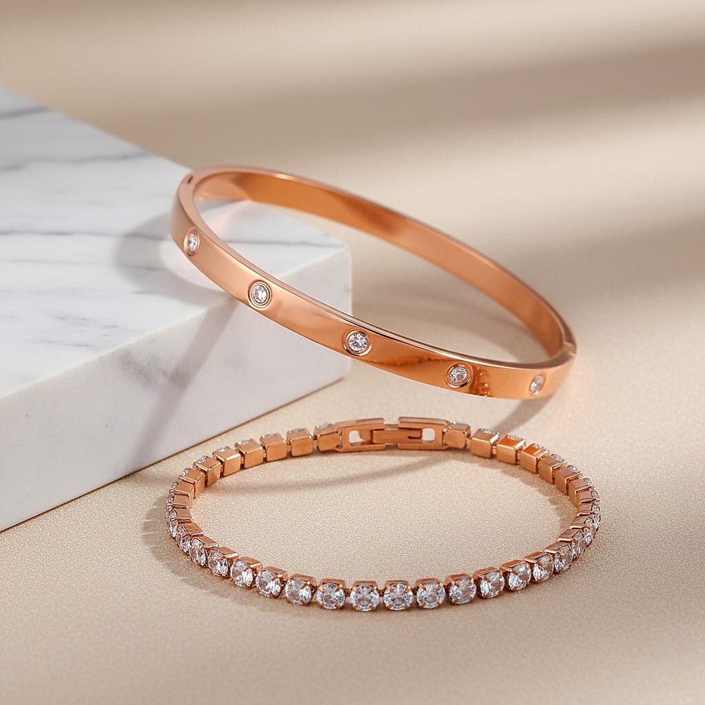 Cubic Zirconia 7.25In Bracelet 7.50In in ION Plated Rose Gold Stainless Steel