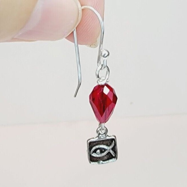 Hypoallergenic Dangle Earrings With Swarovski Crystals Red Color And Jesus Fish