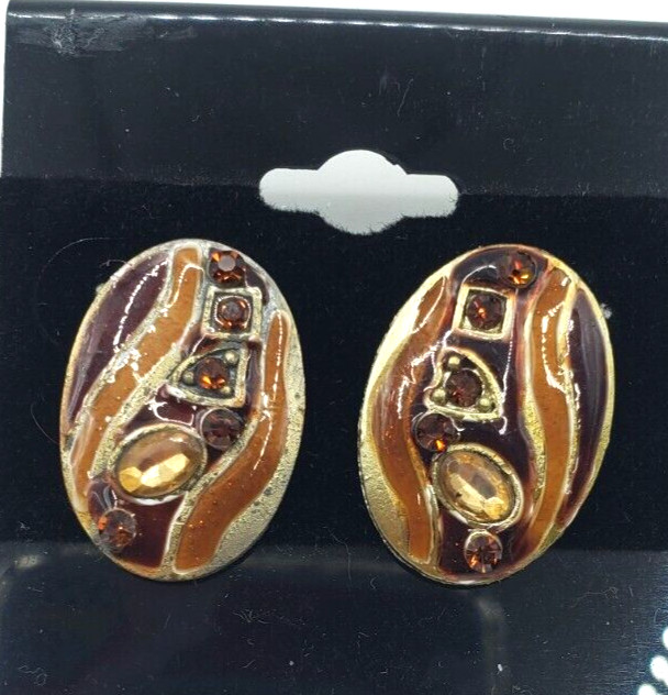 Enamel Brown Red With Faux Citrine an Garnet Stud Pierced Earrings
