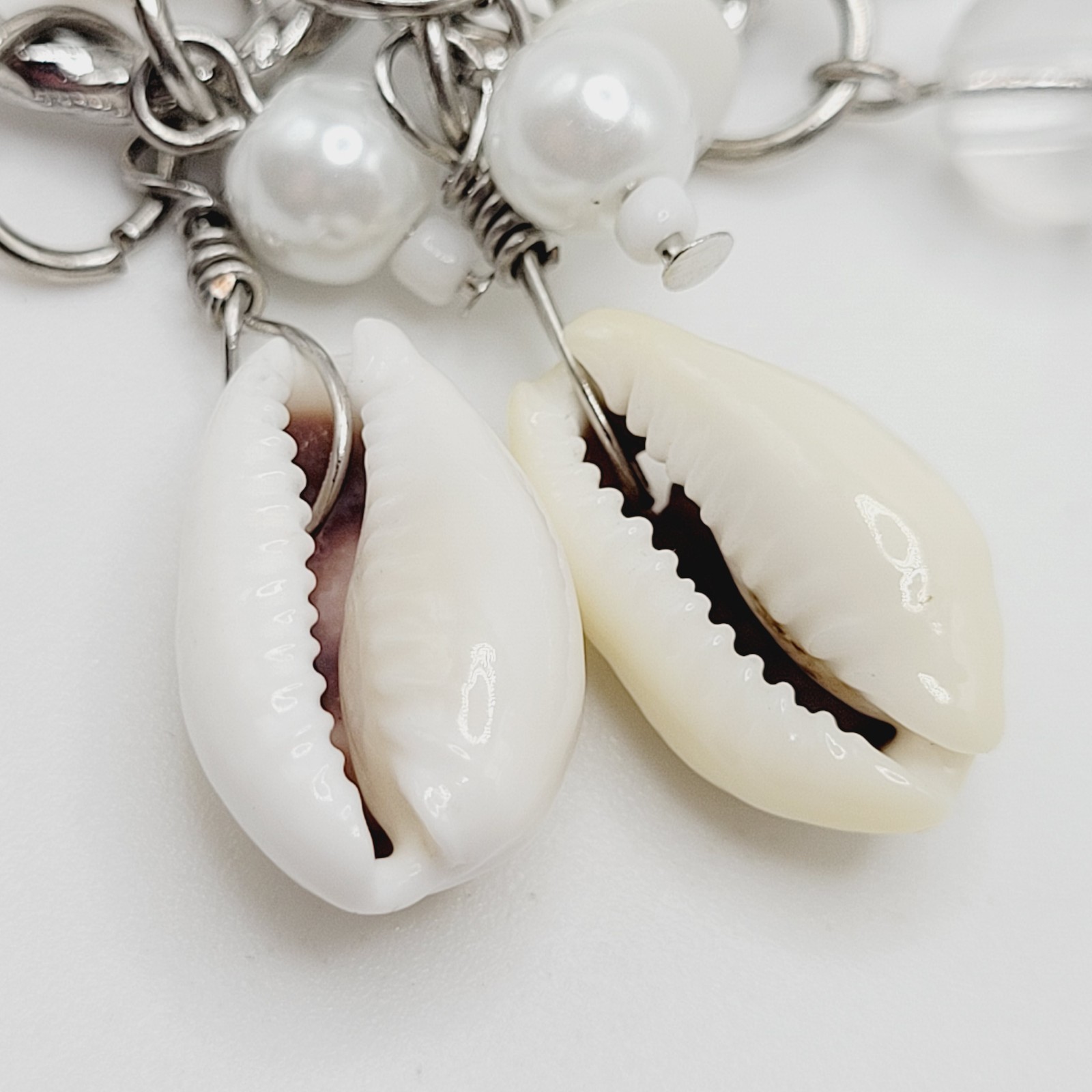 Handcrafted Boho Cowrie Shell Dangle Earrings Silver Tone Cluster Beaded Coastal
