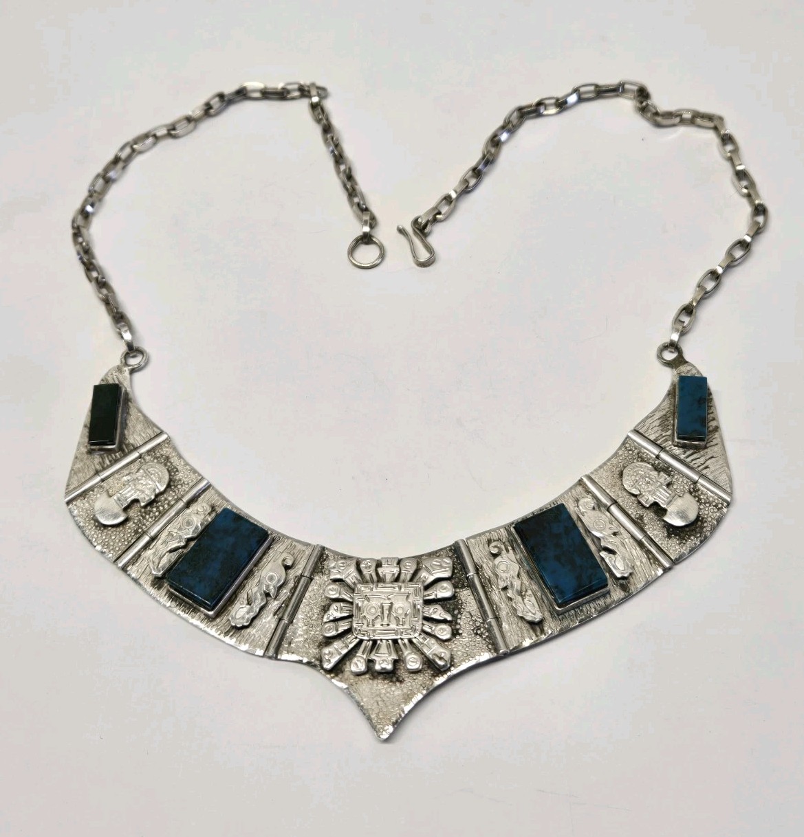 Sterling Silver Turquoise AZTEC MAYAN Paneled Collar Necklace 50g