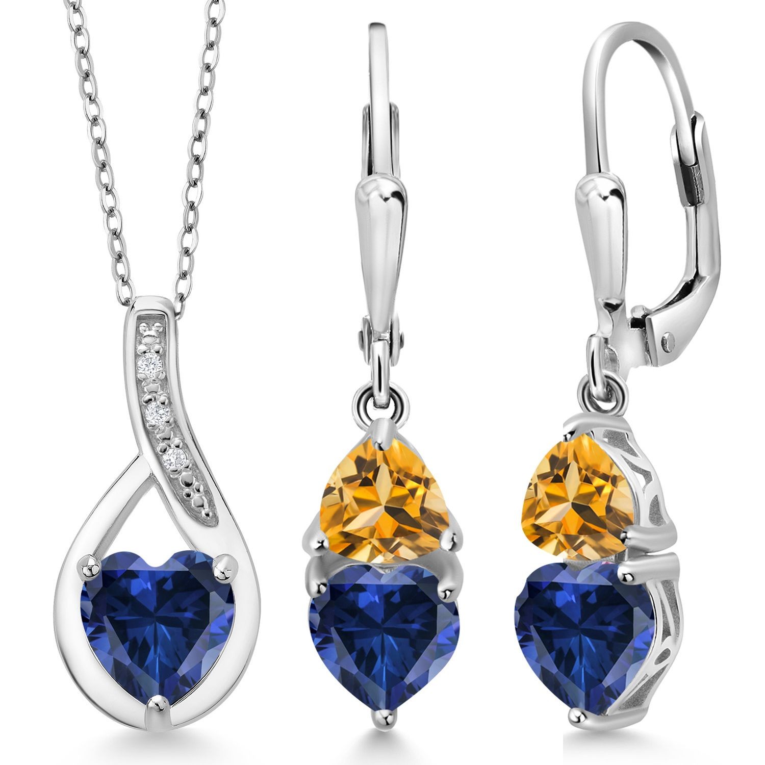 925 Sterling Silver Created Sapphire and Citrine Pendant Earrings Set For Women