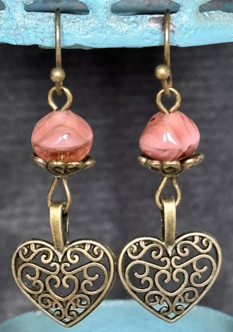 Bronze Tone Etched Heart and Dusty Rose Picasso Bead Earrings. Love.