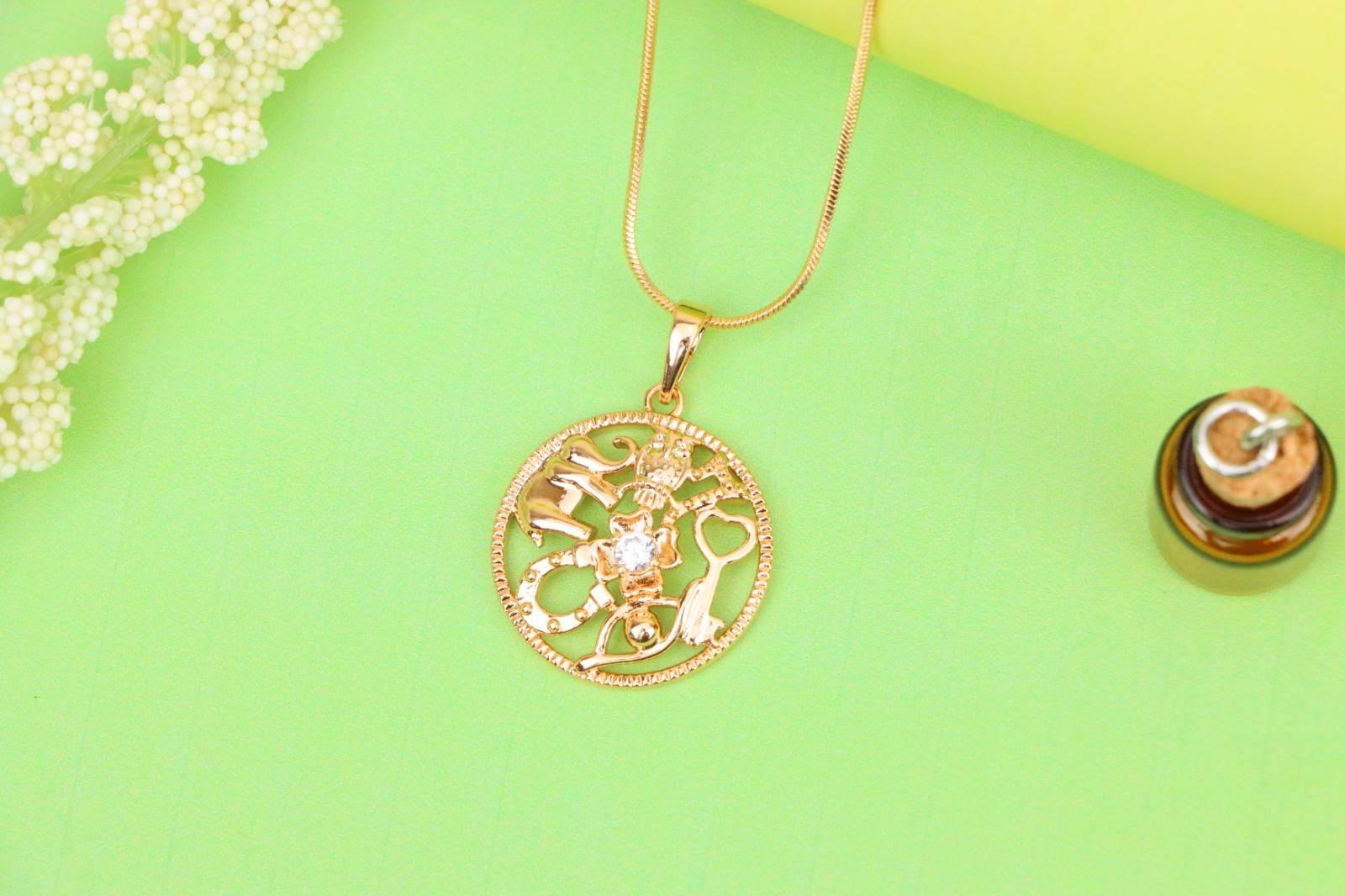 Round Rose Gold Pendant with Religious Motifs and Center Stone, XPPT1442