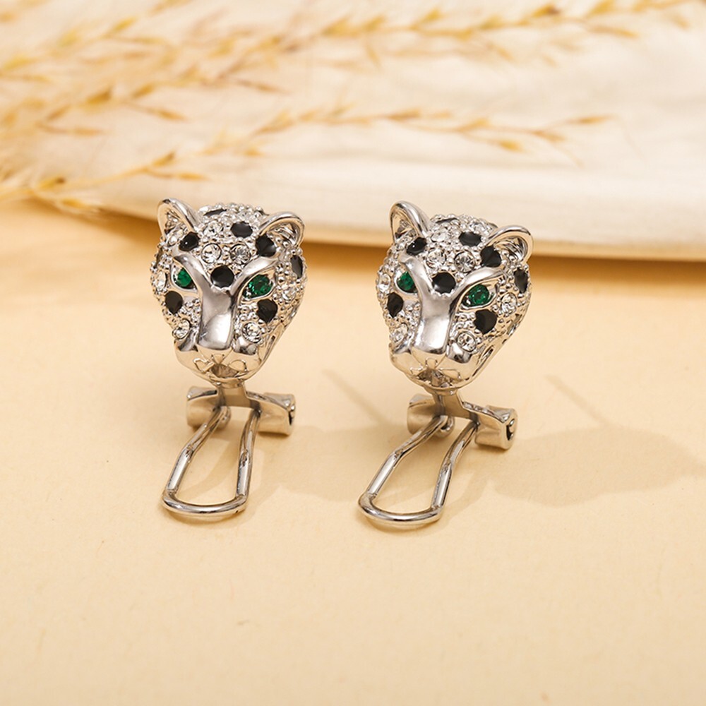 Animal Leopard Panther Jaguar Clear and Black Cubic Zirconia Leverback Earrings