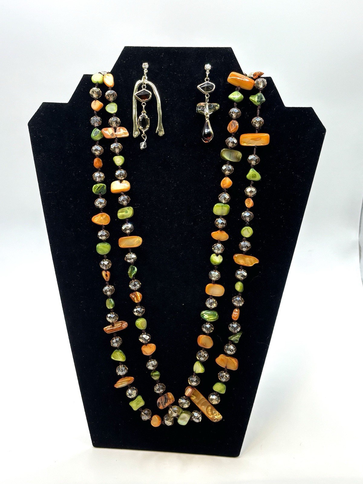 Artisan Dyed MOP & Crystal Long Necklace Asymmetrical Drop Earrings Set