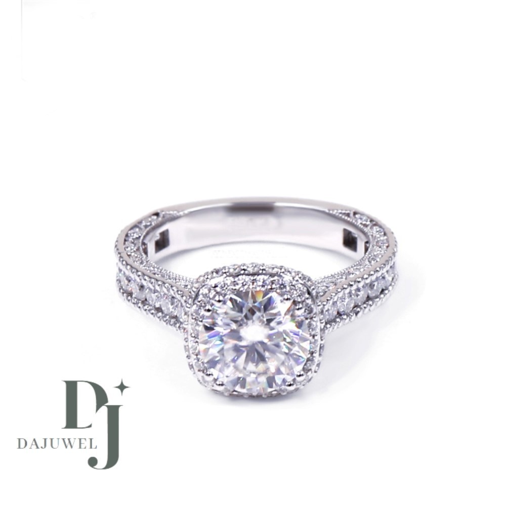 Moissanite Halo Engagement Ring Excellent Round Cut 2.70 CT Solid 14K White Gold