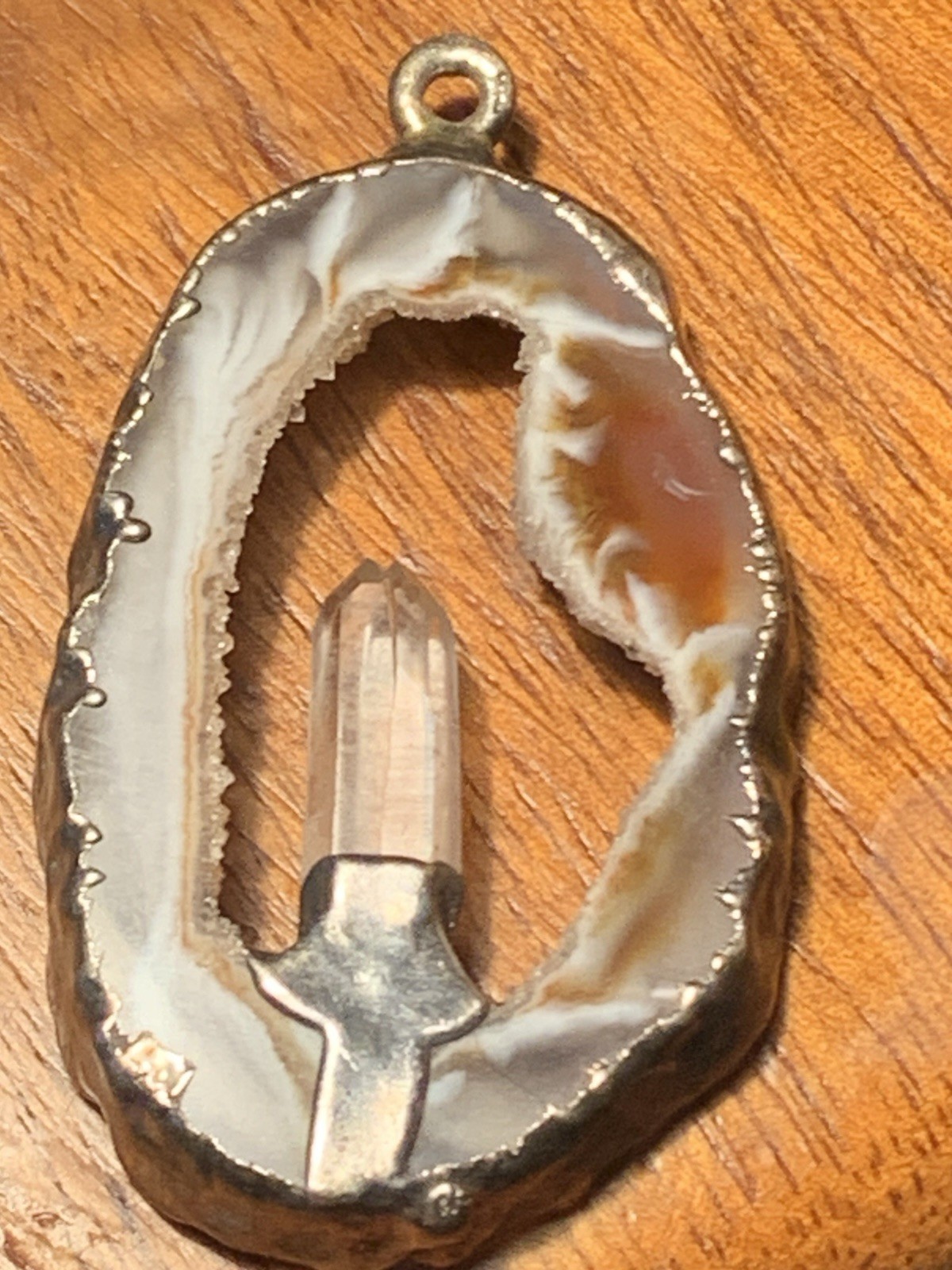 Large Vintage Flame Agate Geode Druzy Crystal Pillar 925 Over Stone Pendant