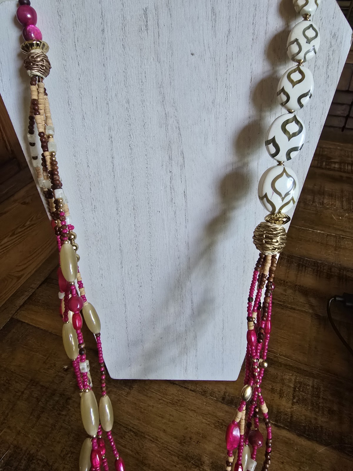 Chico’s Necklace Long Statement Natural Wood Beads Pink Brown Multistrand 36-39″