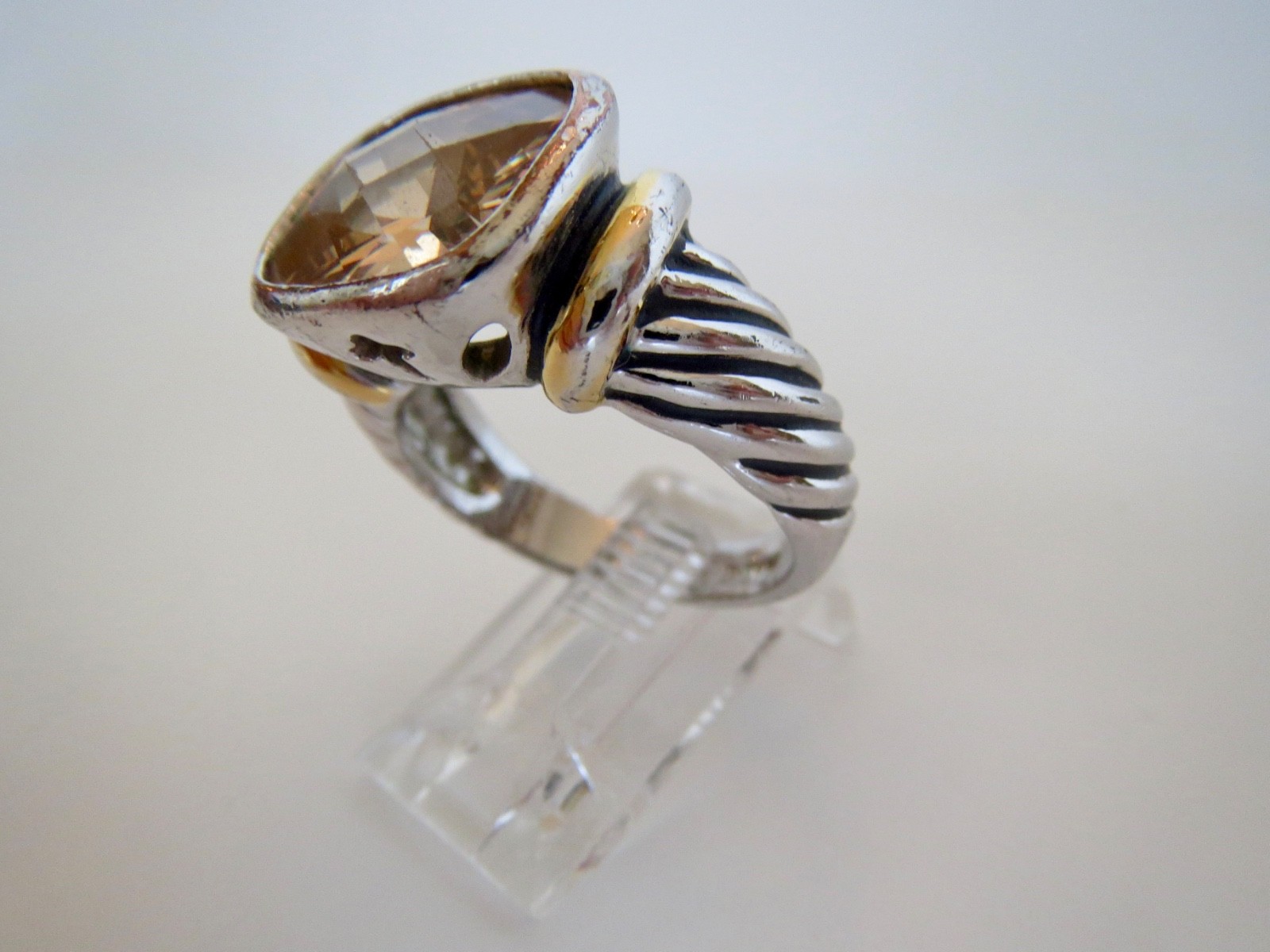 18K HG Electroplate Silver Twisted Cable Faceted Quartz RING Size 8 Two-Tone