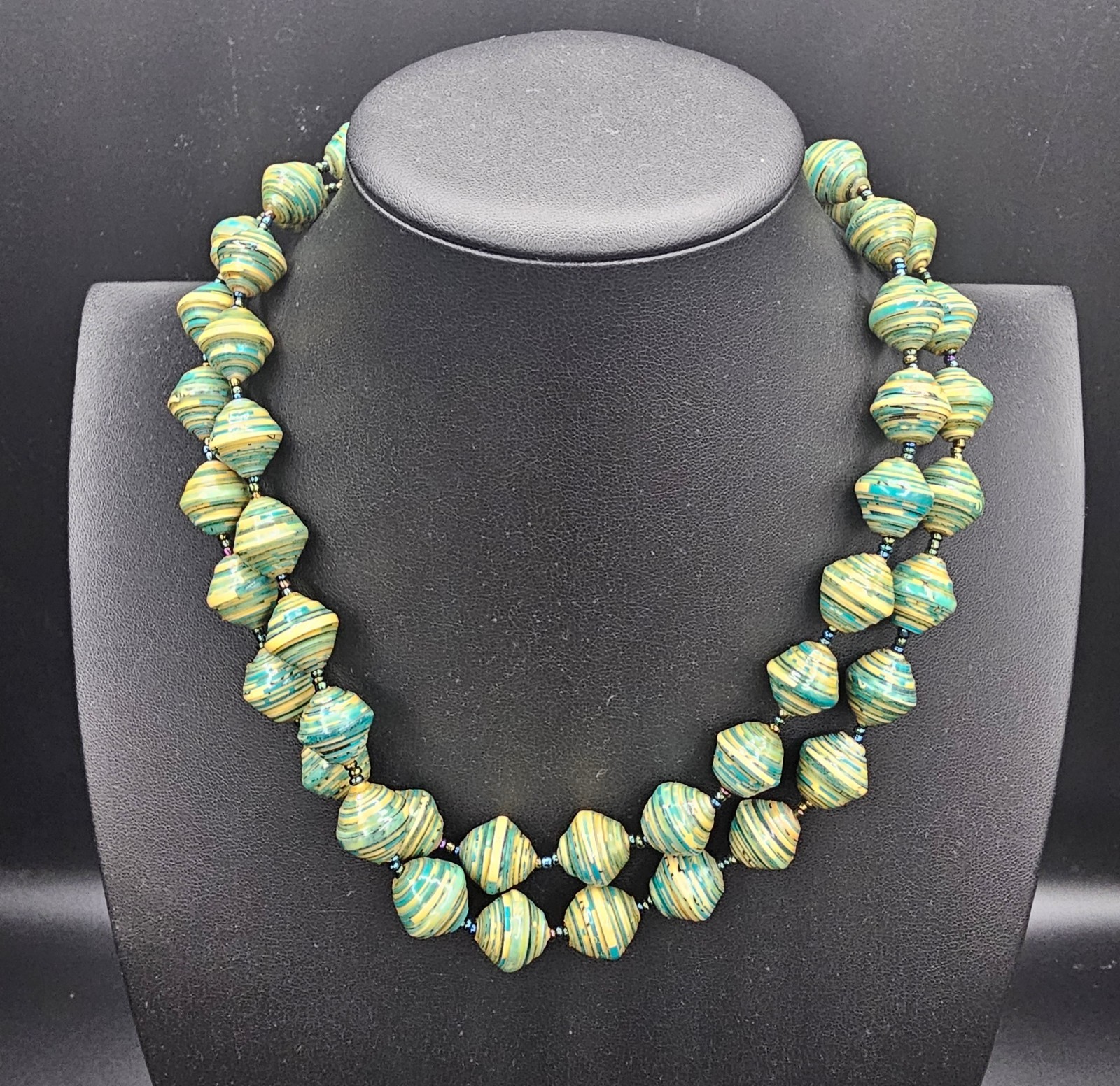 Handmade Recycled Paper Bead Strand Necklace Teal Tan Artisan Boho